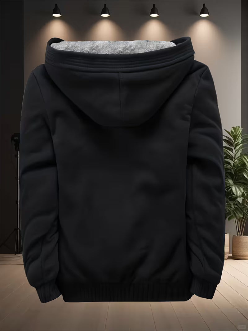 Fleece jacket with hood and zip fastening