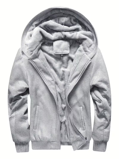 Fleece jacket with hood and zip fastening