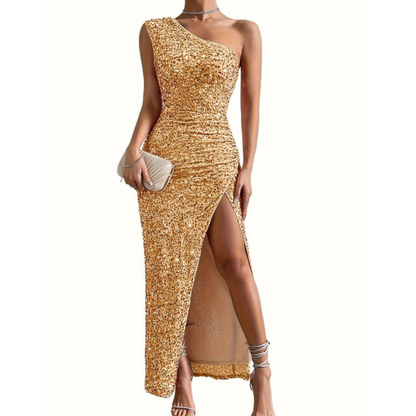 Fleur | Bodycon glitter shoulder dress with split