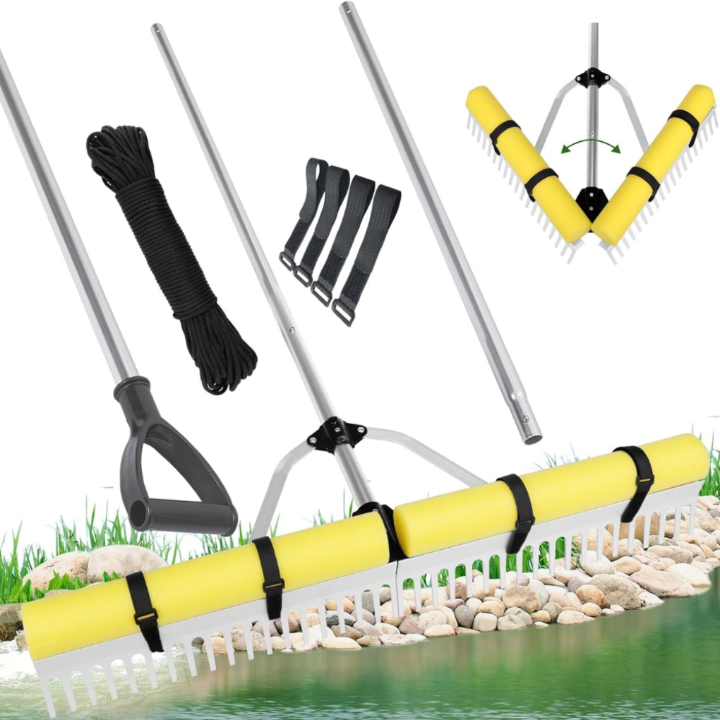 Floating rake set for removing weeds in the lake