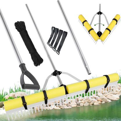 Floating rake set for removing weeds in the lake