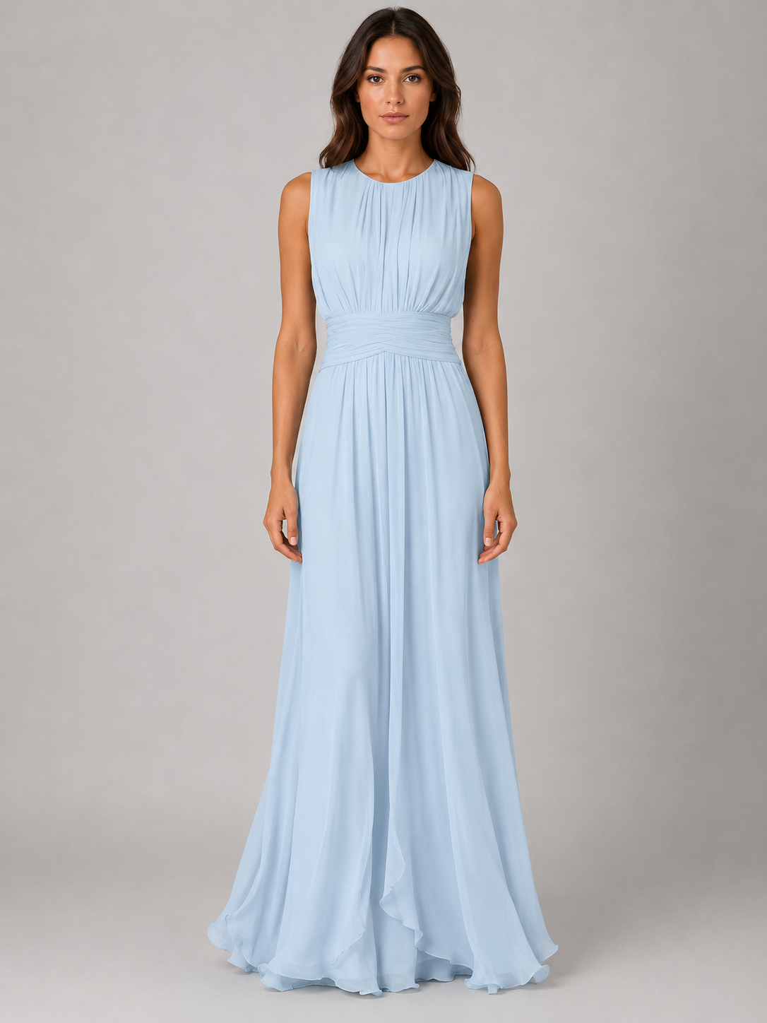 Ladies Romantic Maxi Dress with Pleated Skirt and Round Neck