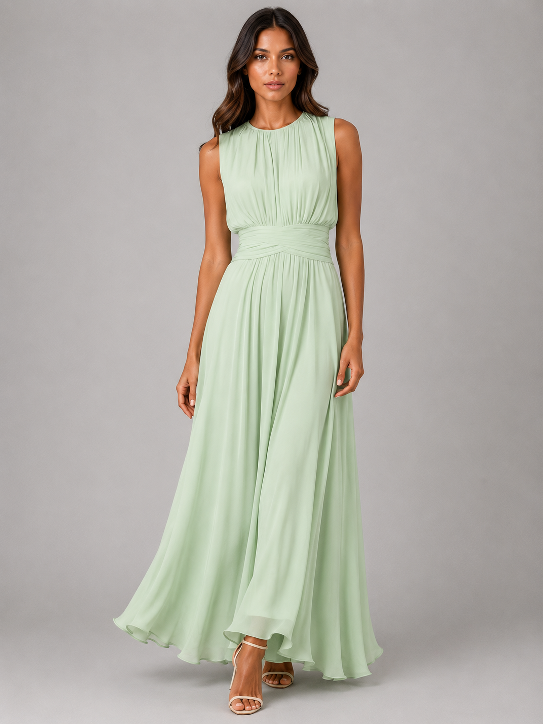 Ladies Romantic Maxi Dress with Pleated Skirt and Round Neck