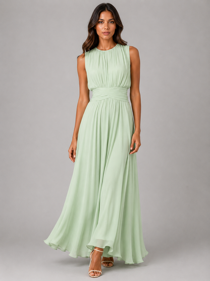 Ladies Romantic Maxi Dress with Pleated Skirt and Round Neck