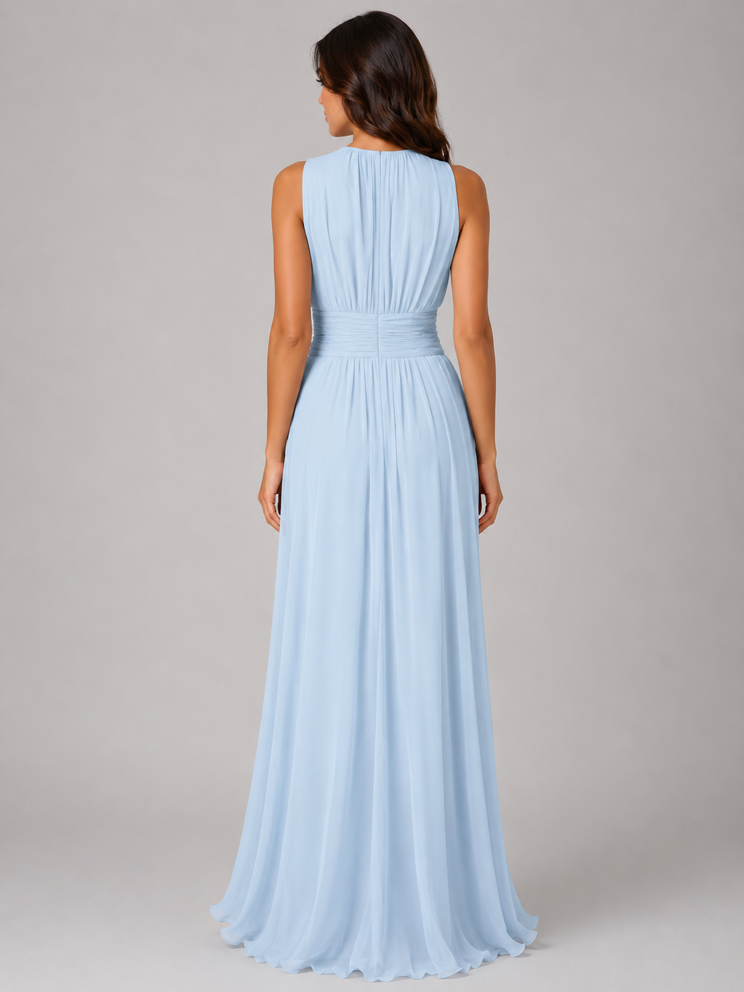 Ladies Romantic Maxi Dress with Pleated Skirt and Round Neck