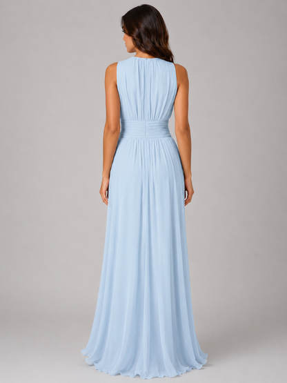 Ladies Romantic Maxi Dress with Pleated Skirt and Round Neck