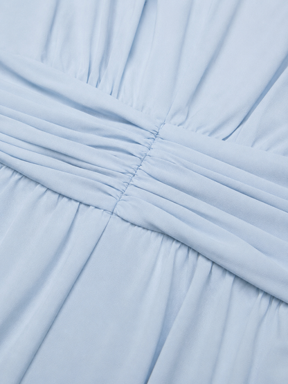 Ladies Romantic Maxi Dress with Pleated Skirt and Round Neck