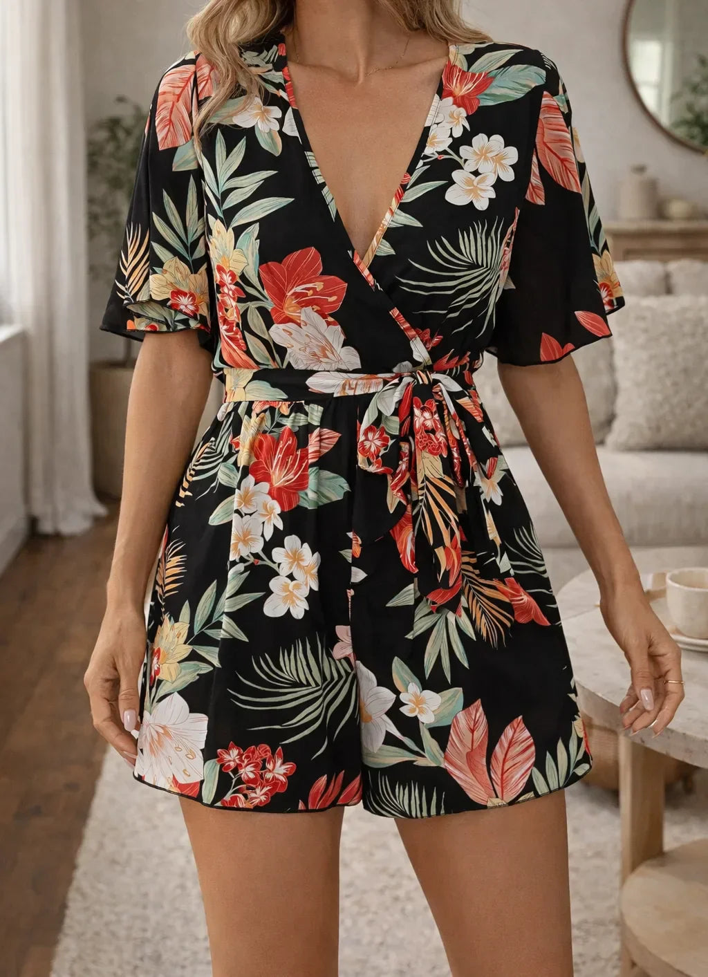 Floral Print Romper with Waist Belt