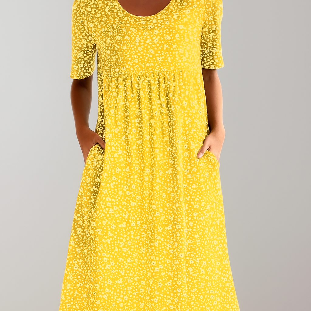 Flower Midi Dress with High Waist and Pockets