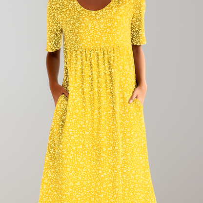 Flower Midi Dress with High Waist and Pockets