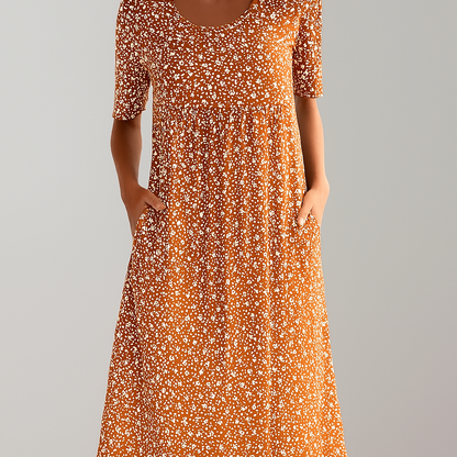 Flower Midi Dress with High Waist and Pockets