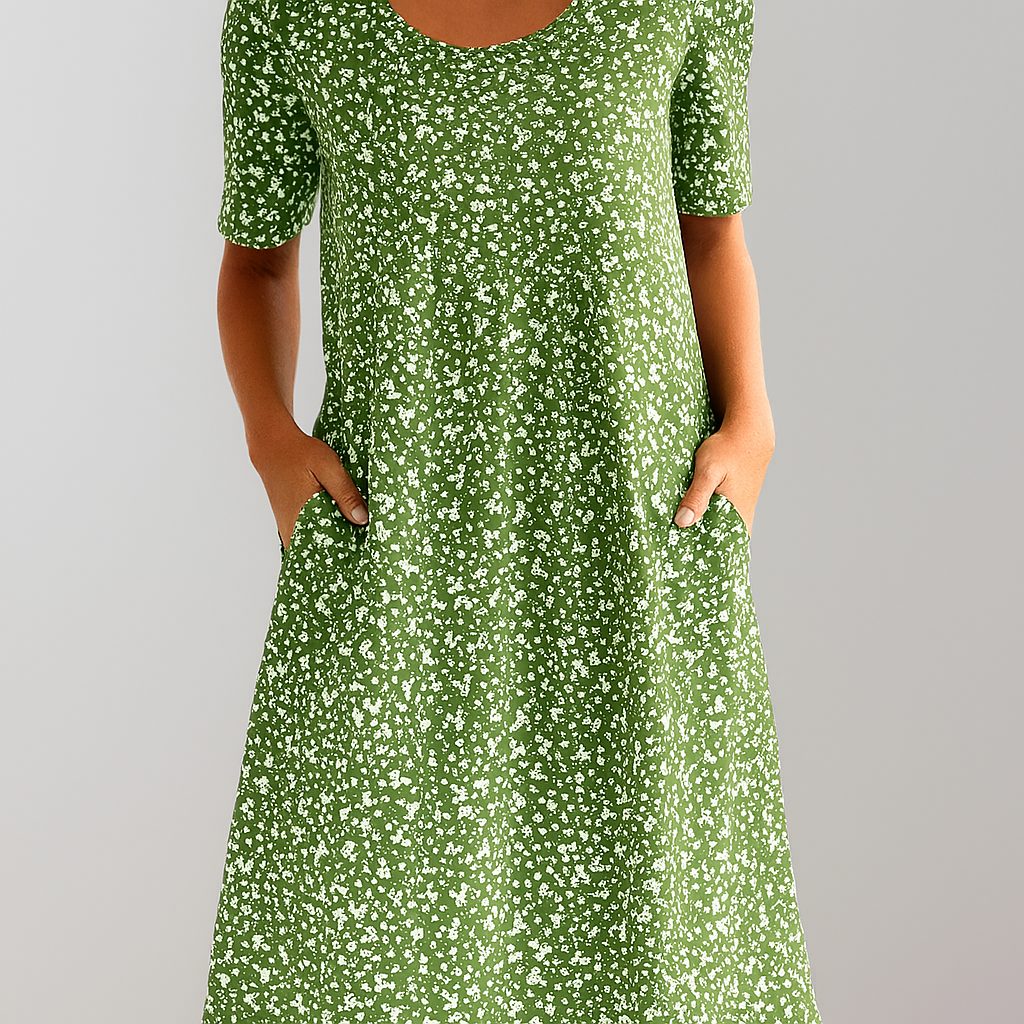 Flower Midi Dress with High Waist and Pockets