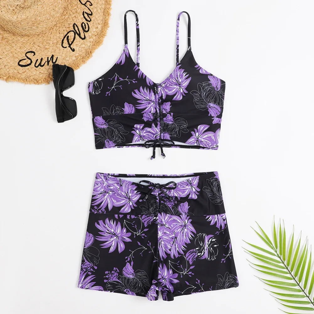 Flower Print High-Waisted Bikini with Summer Flair