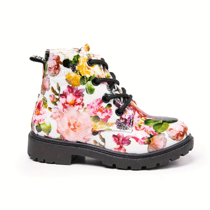 Flower Print Plus Fleece Snow Boots Lace-Up Shoes for Girls - Anji