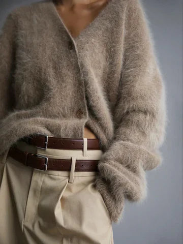 Fluffy cardigan with v-neck and buttons