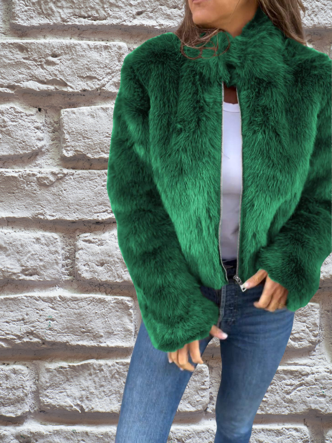 Fluffy jacket with high collar and zip