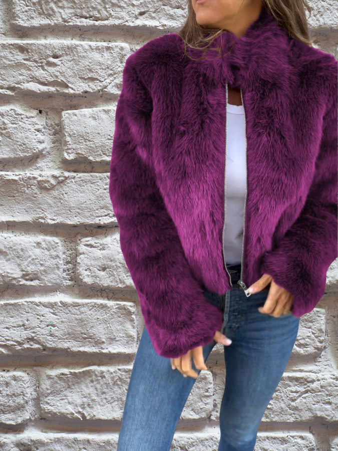 Fluffy jacket with high collar and zip