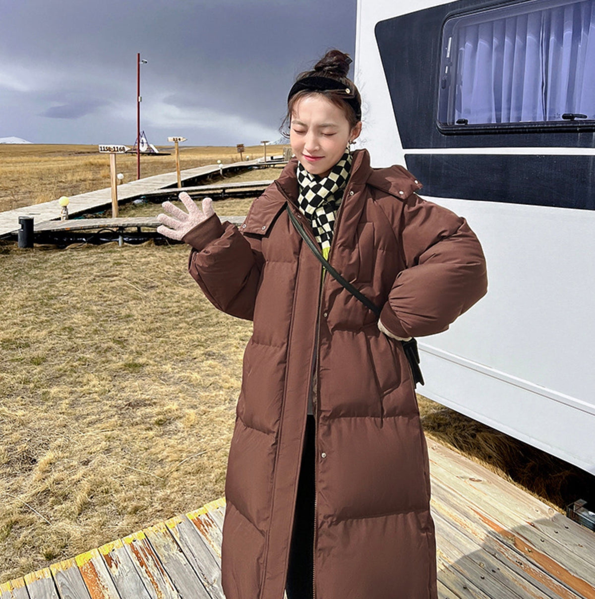 Ladies Long Puffer Jacket with Hood and Zip