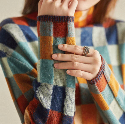 Ladies' Playful Turtleneck with Patchwork Check Pattern