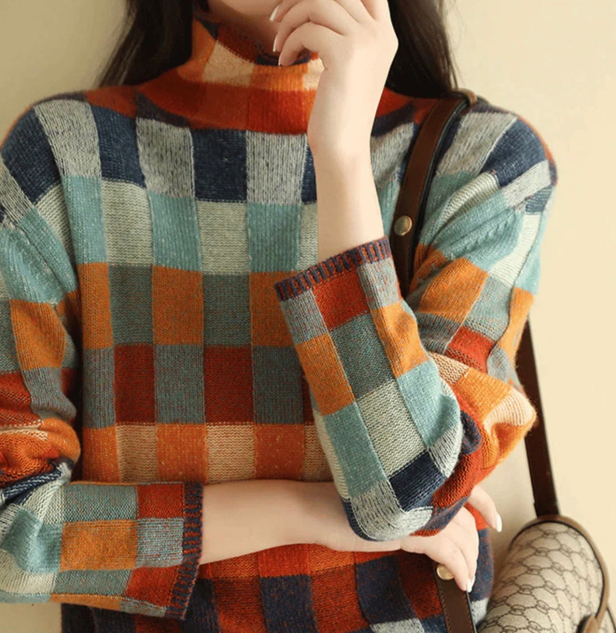 Ladies' Playful Turtleneck with Patchwork Check Pattern