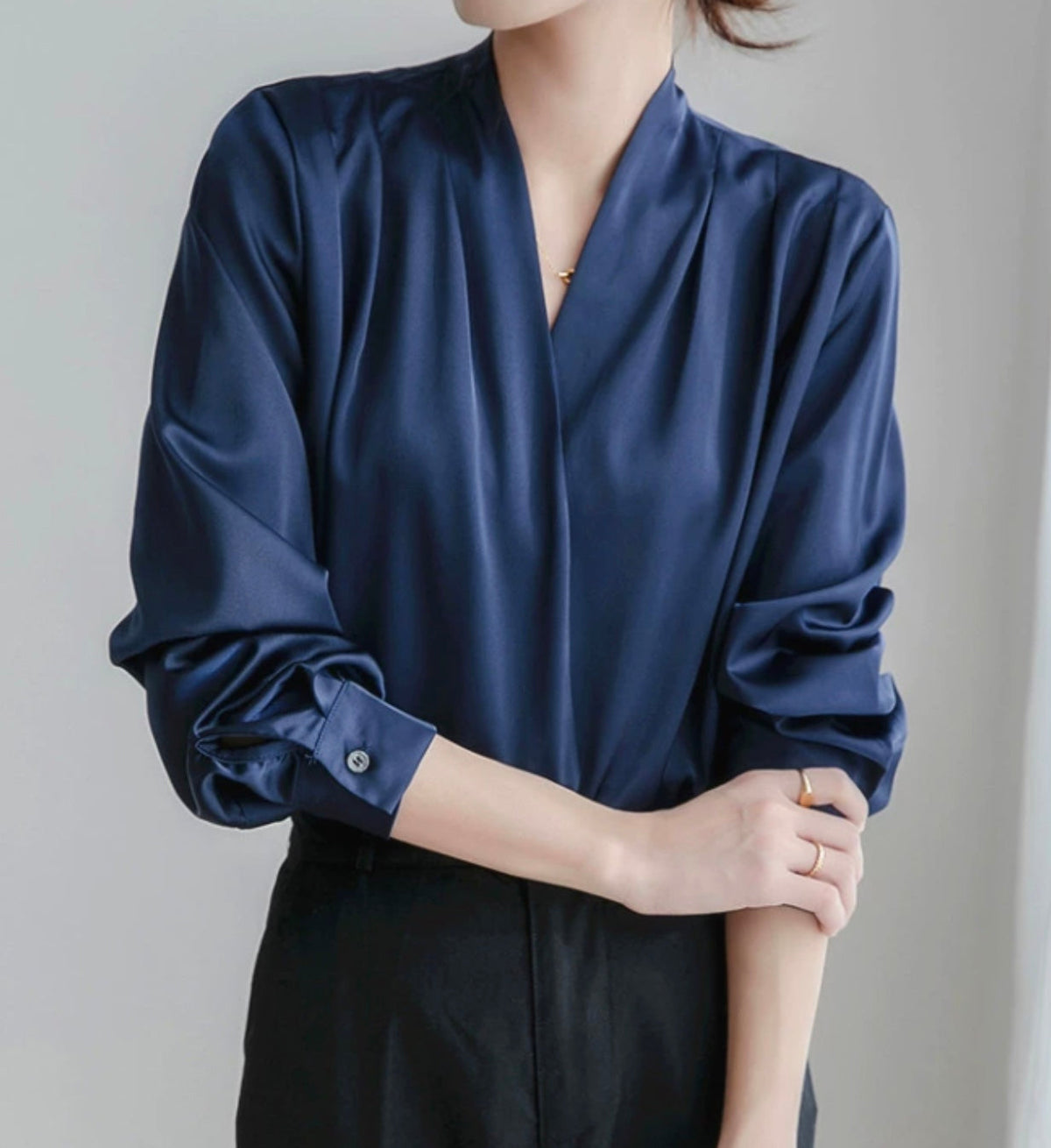 Ladies' Romantic Satin Top with V-Neck and Puff Sleeves
