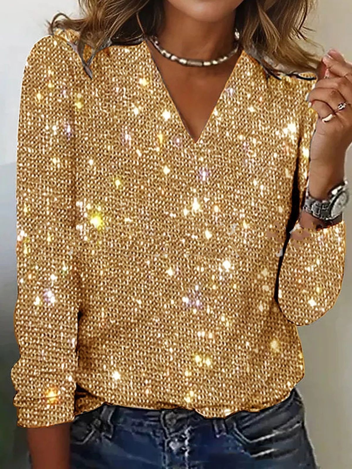 Glitzerndes Oberteil mit V-Ausschnitt und langen Ärmeln für Damen