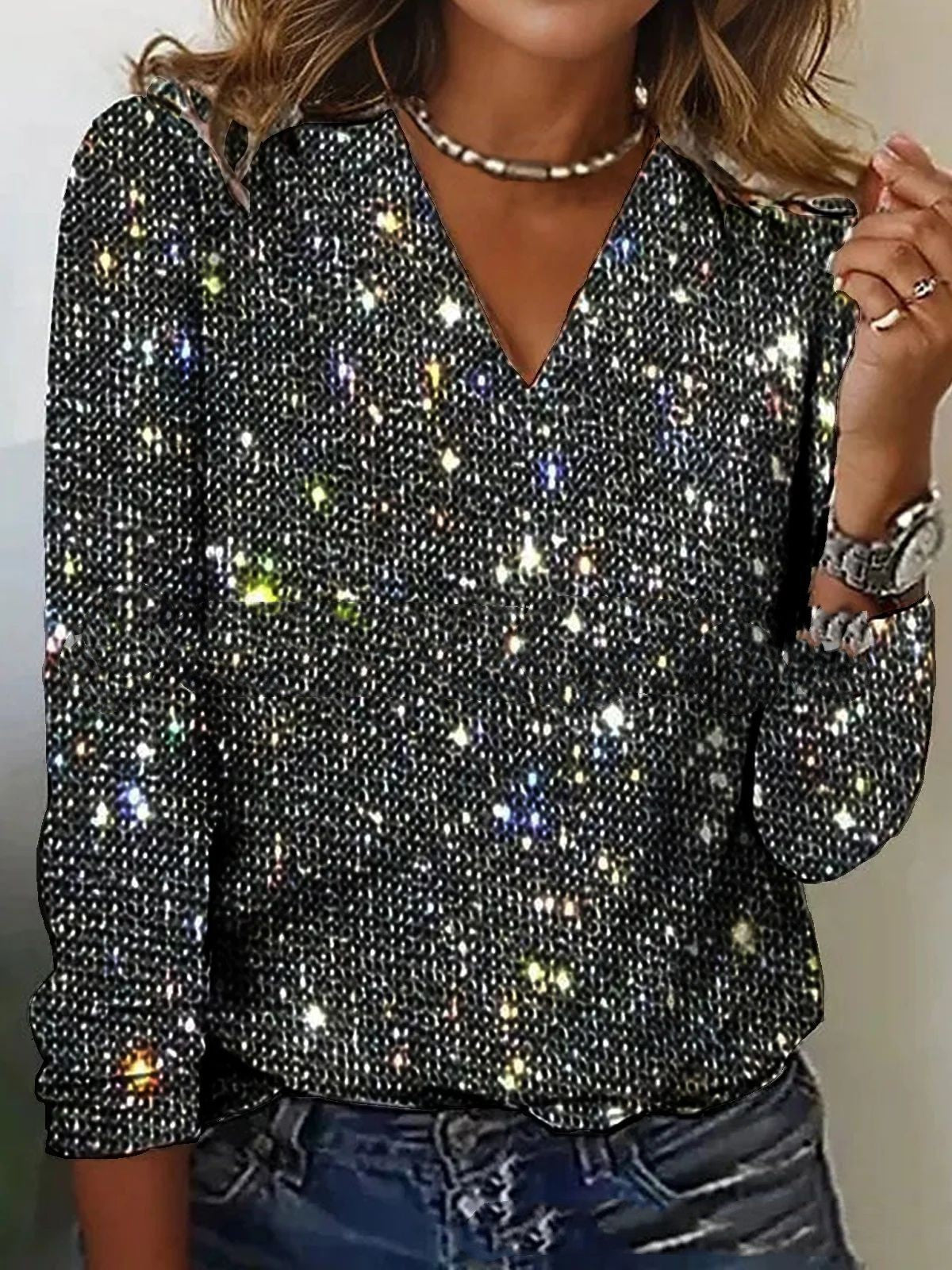 Top glitter da donna a maniche lunghe con scollo a V