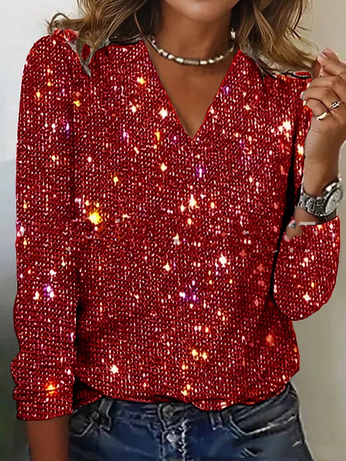 Glitzerndes Oberteil mit V-Ausschnitt und langen Ärmeln für Damen