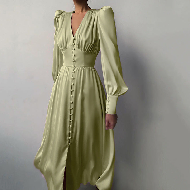 French Satin Dress with Balloon Sleeves and Fitted Waist