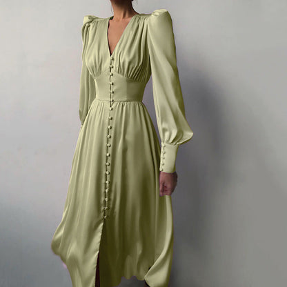 French Satin Dress with Balloon Sleeves and Fitted Waist