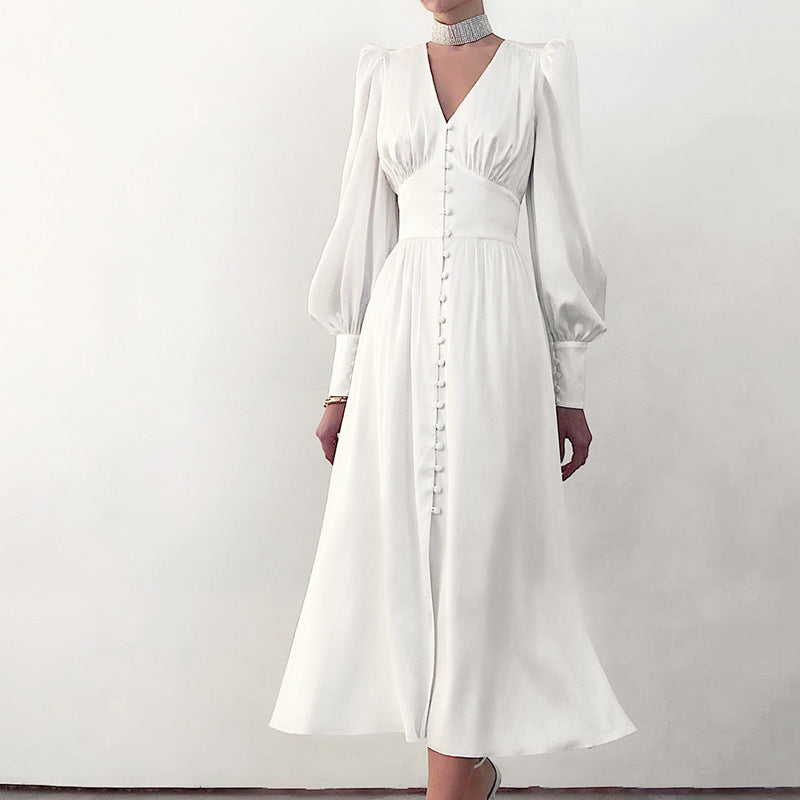 French Satin Dress with Balloon Sleeves and Fitted Waist