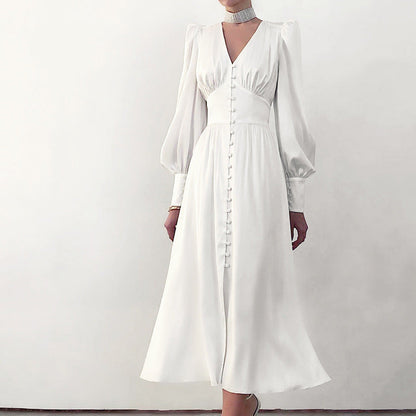 French Satin Dress with Balloon Sleeves and Fitted Waist