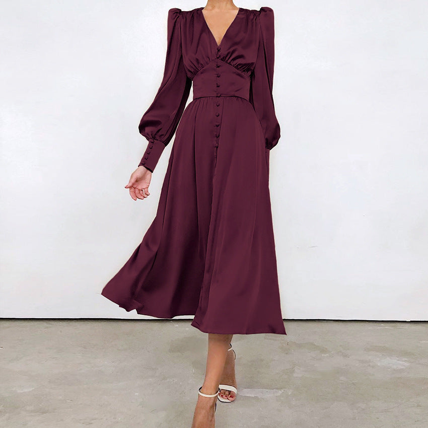 French Satin Dress with Balloon Sleeves and Fitted Waist
