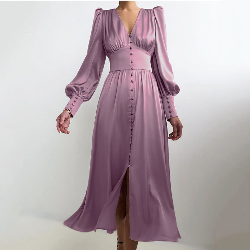 French Satin Dress with Balloon Sleeves and Fitted Waist