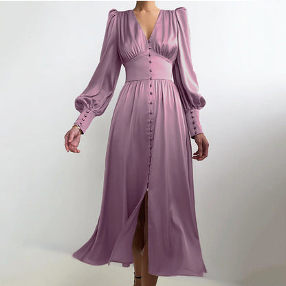 French Satin Dress with Balloon Sleeves and Fitted Waist