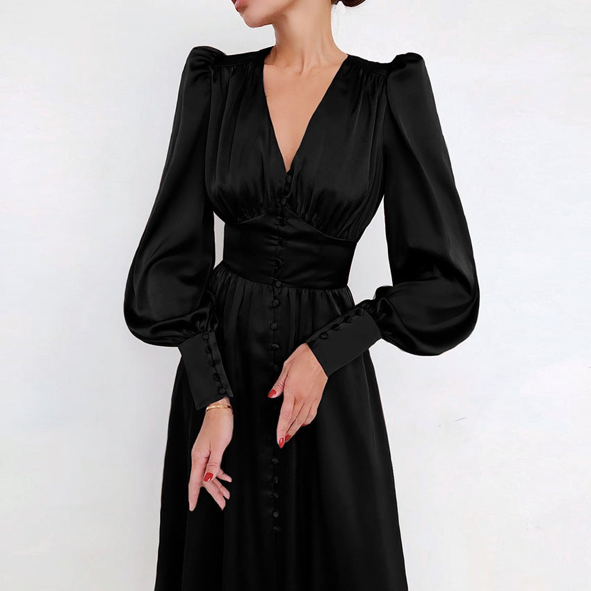 French Satin Dress with Balloon Sleeves and Fitted Waist