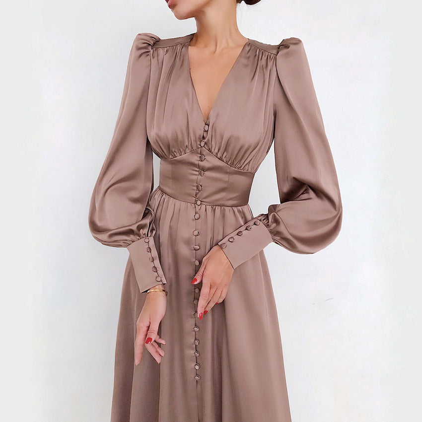 French Satin Dress with Balloon Sleeves and Fitted Waist