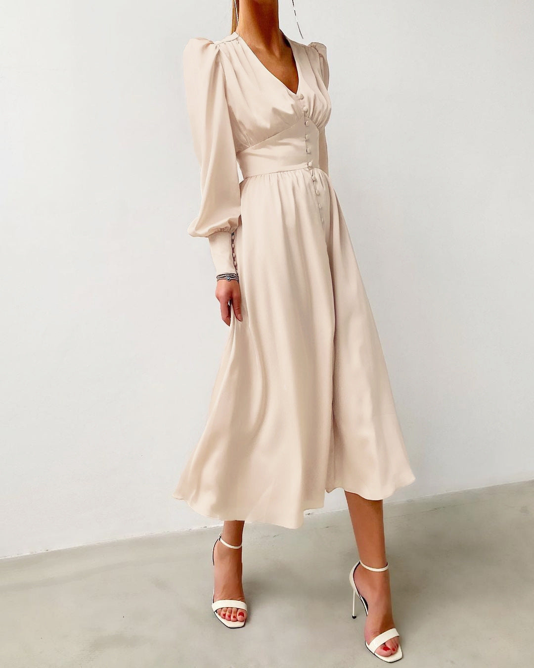 French Satin Dress with Balloon Sleeves and Fitted Waist