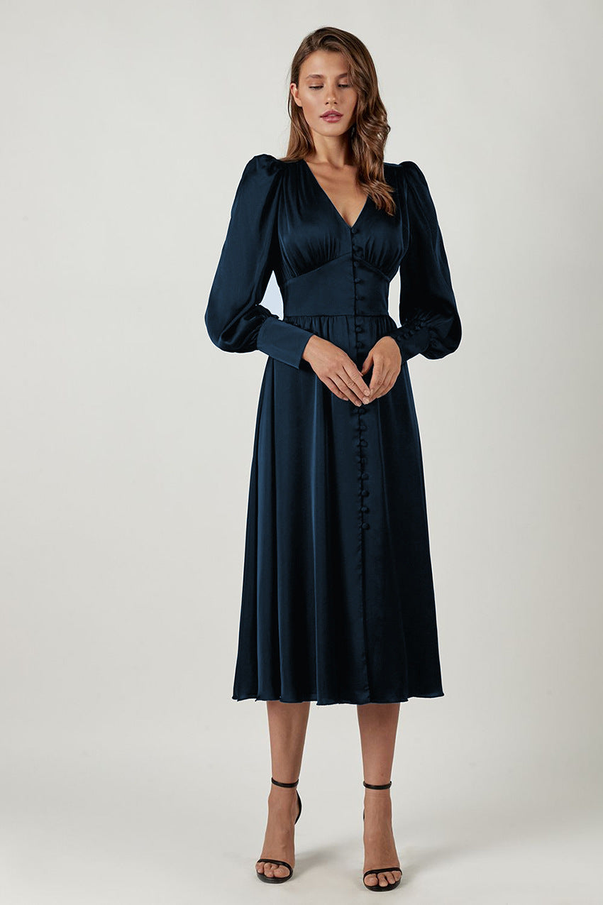 French Satin Dress with Balloon Sleeves and Fitted Waist