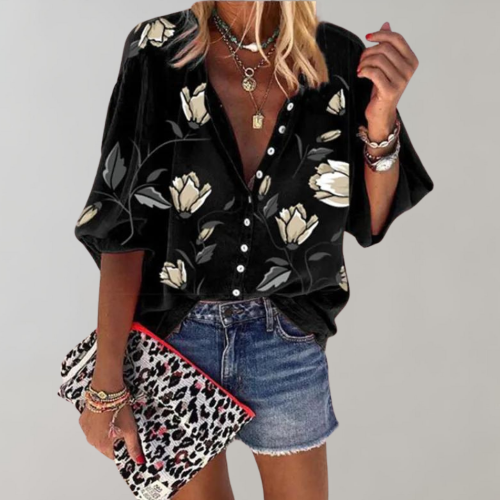 Flowing Blouse with Print and Stand-up Collar