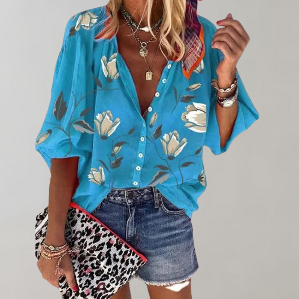 Flowing Blouse with Print and Stand-up Collar