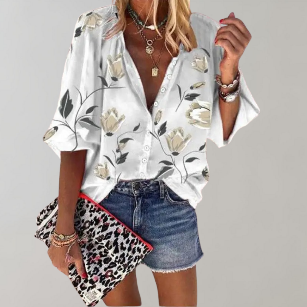 Flowing Blouse with Print and Stand-up Collar