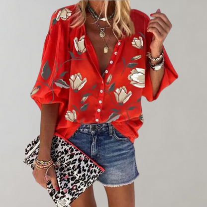 Flowing Blouse with Print and Stand-up Collar