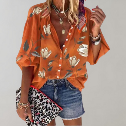 Flowing Blouse with Print and Stand-up Collar