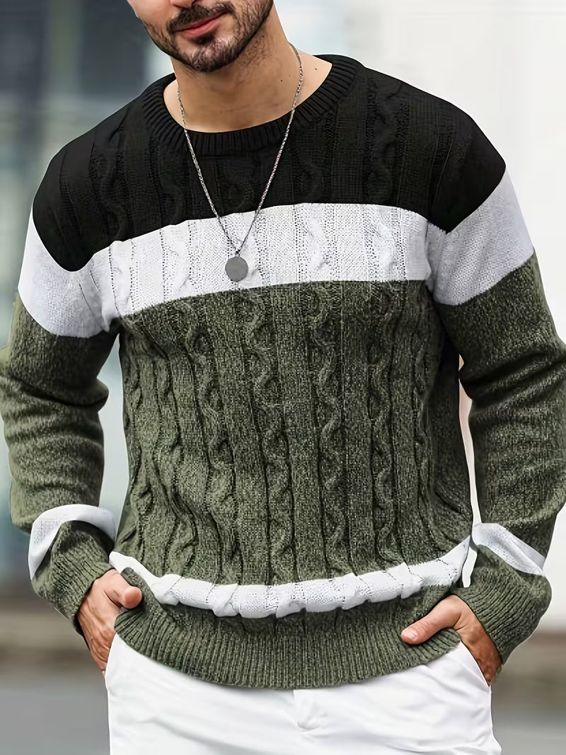 Knitted jumper with colour block design and round neck
