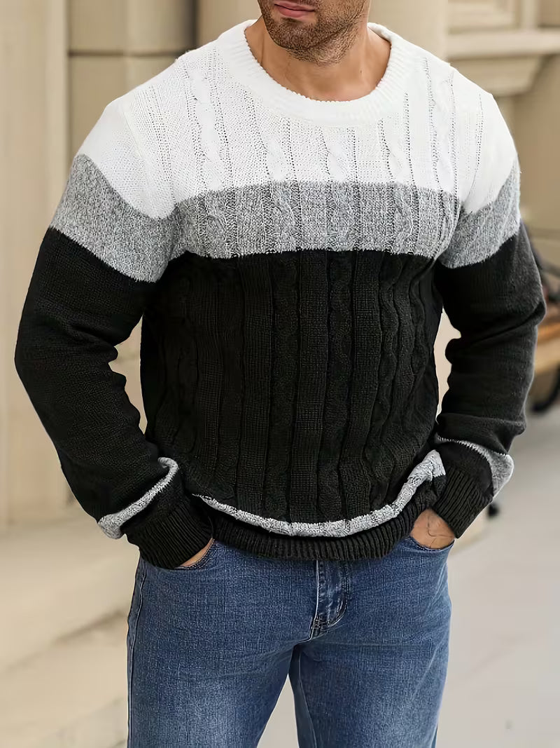 Knitted jumper with colour block design and round neck
