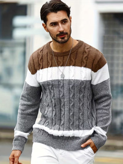 Knitted jumper with colour block design and round neck