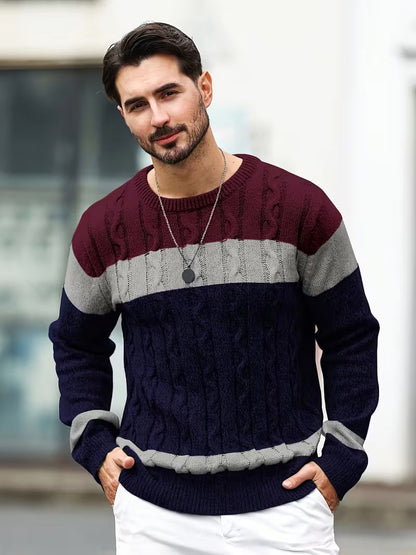 Knitted jumper with colour block design and round neck