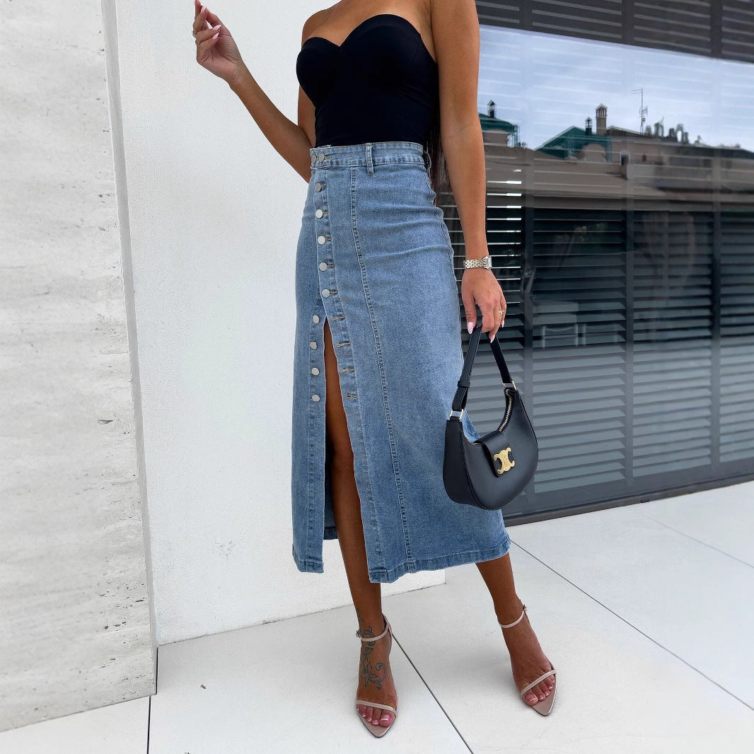 Ladies' High-Waisted Denim Midi Skirt with Split