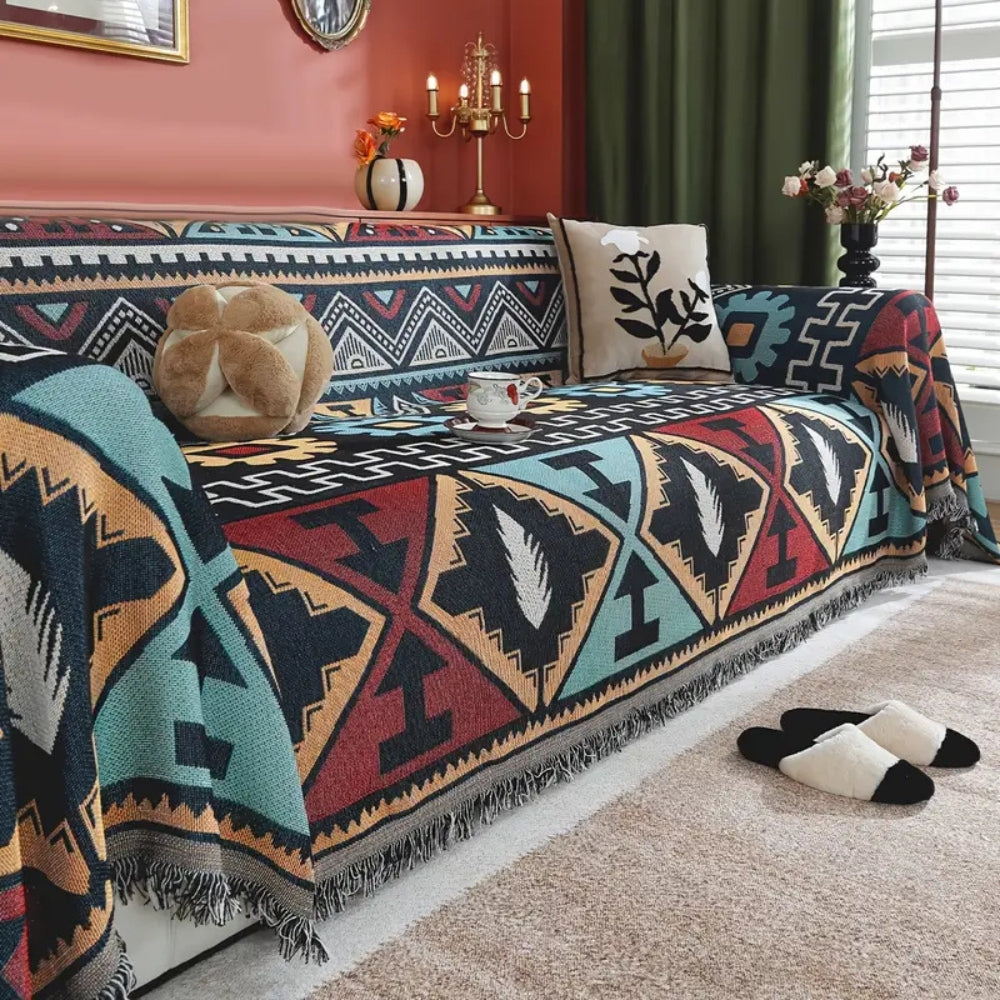 Geometric Pattern Sofa Cover with Boho Style and Tassels